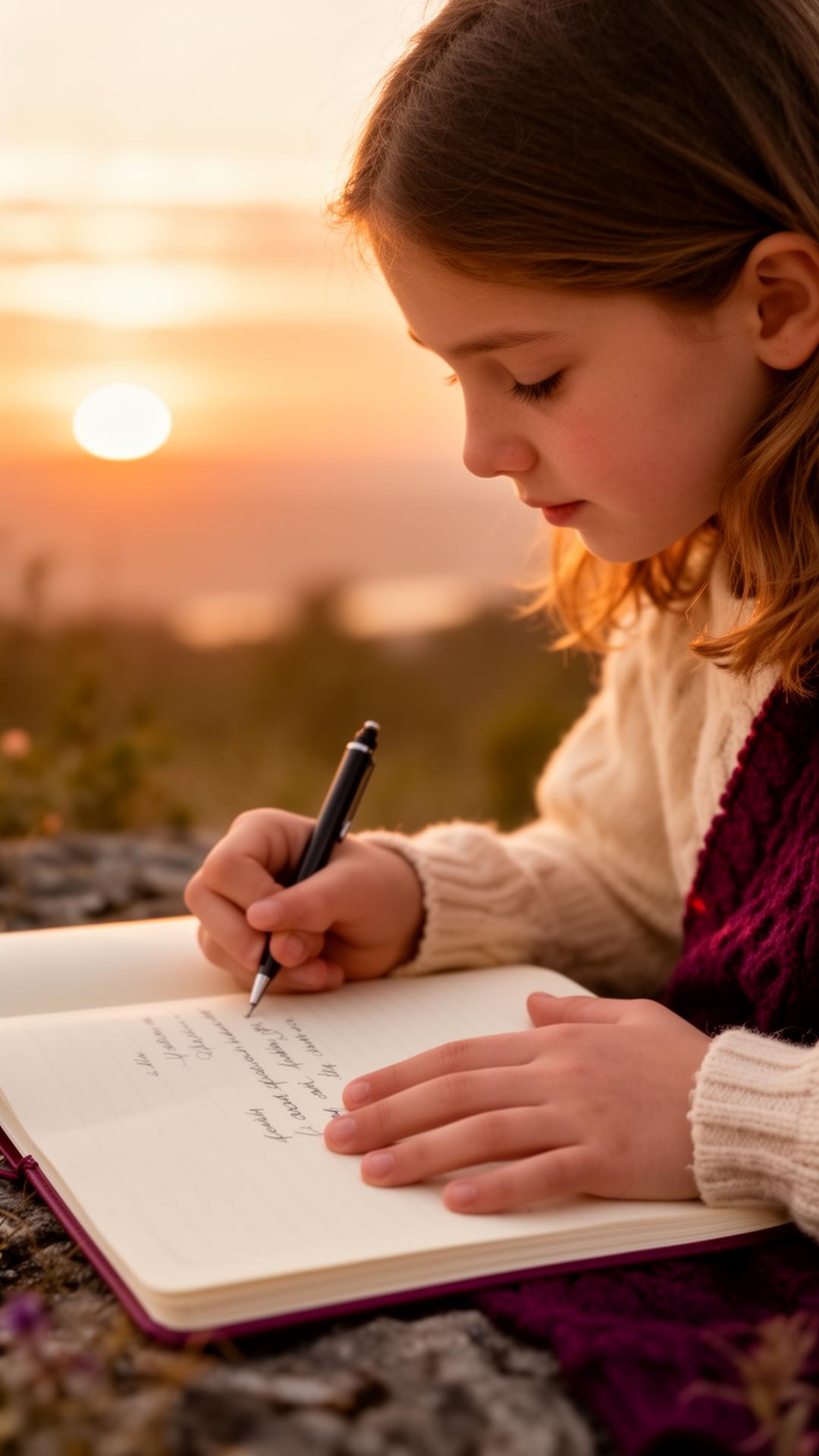 A girl journaling at sunset